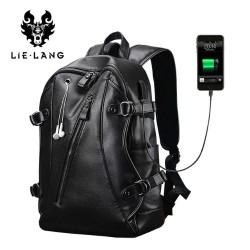 Mens Backpack External USB Charge Waterproof Fashion Leather Travel Bag